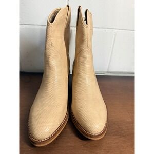 Women's Beige Snakeskin Embossed Western Ankle Boots Zip Close Block Heel Sz 10